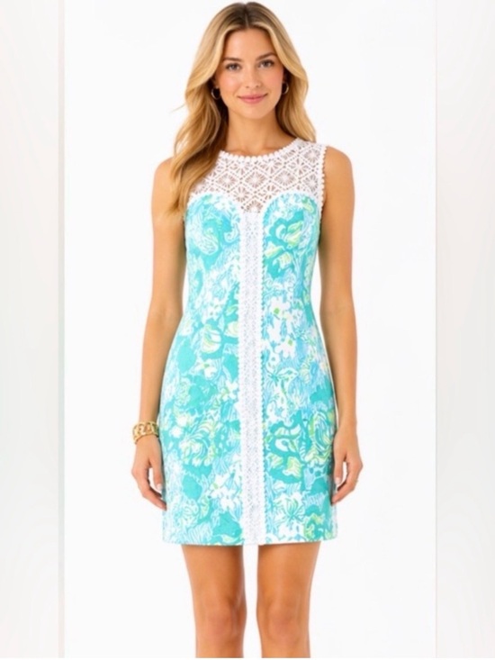 Lilly Pulitzer Dresses & Skirts - Lilly Pulitzer Sofia Shift Dress Wave Rider All Over Print Preppy Sz 6 Lace trim